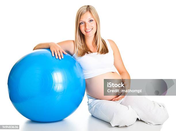 Pregnant Woman Excercises Isolated On White Stock Photo - Download Image Now - 20-29 Years, Abdomen, Adult