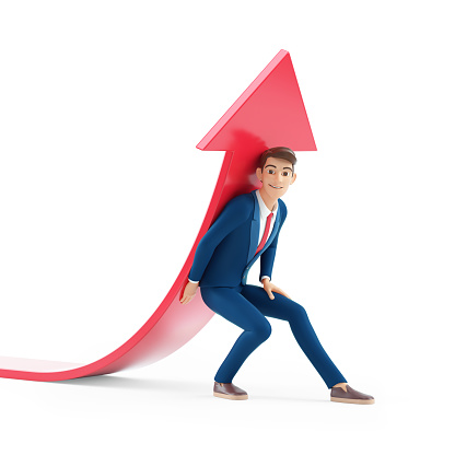 3d cartoon businessman lifting up red arrow, illustration isolated on white background