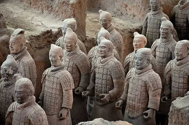 Photo of High angled view of the detailed Terracotta Warriors statues