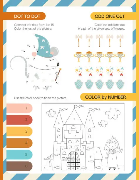 Vector illustration of Activity page for kids - dot to dot, color by number, odd one out. Game set worksheet with knight theme, princess, castle. Vector illustration.