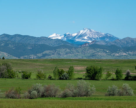 Telephoto view of Long's Peak across green fields. Boulder, Colorado.