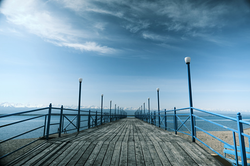 Ship's bridge on the lake in mountains