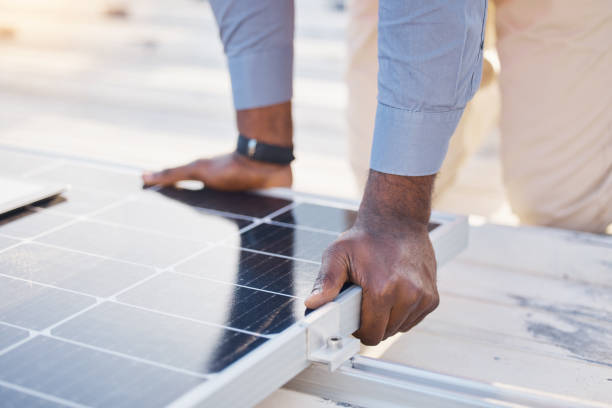 istock Black man hands, engineer and solar panel grid of construction worker technician outdoor. Businessman, renewable energy and industrial eco friendly panels of maintenance employee and handyman 1494843994