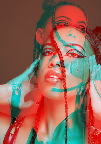 Portrait, overlay and woman with creativity, aesthetic and double exposure on brown studio background. Face, female punk and lady with neon lights, special effects and artistic style with confidence