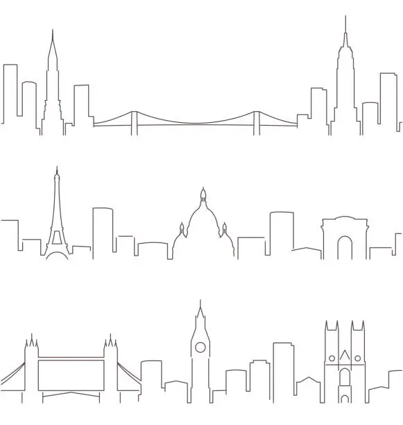 Vector illustration of London New York and Paris Dark Line Simple Minimalist Skyline With White Background