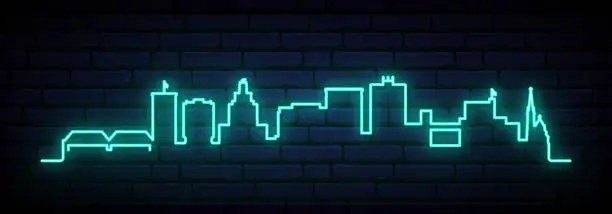 Vector illustration of Blue neon skyline of Cedar Rapids. Bright Cedar Rapids long banner. Vector illustration.