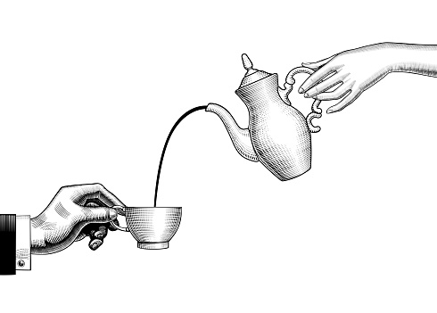 A woman's hand with a coffee pot pours coffee into a cup. The topic of coffee making. Vintage stylized drawing for a coffee shop. Vector illustration