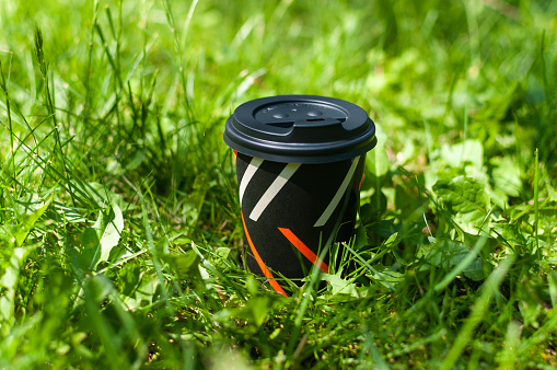 Paper cup of coffee on green grass