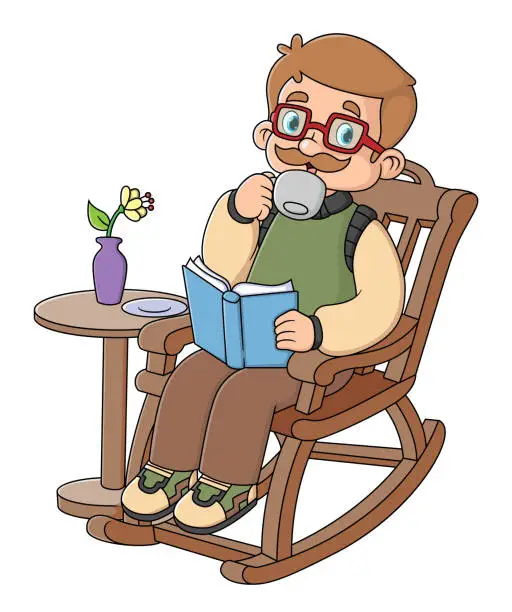 Vector illustration of an old man was relaxing sitting in a rocking chair reading a book and drinking a cup of coffee