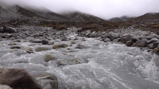 Glacial water river stream flowing, Nepal, Slow motion