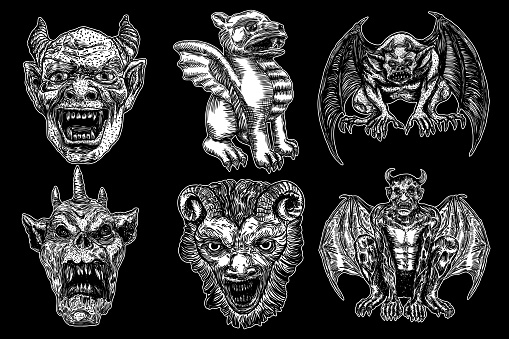 Set of gargoyle in sitting aggressive position to attack.  Human and dragon bat like demon Chimera fantastic beast creature with horns fangs and claws. Hand drawn gothic guardians at medieval. Vector