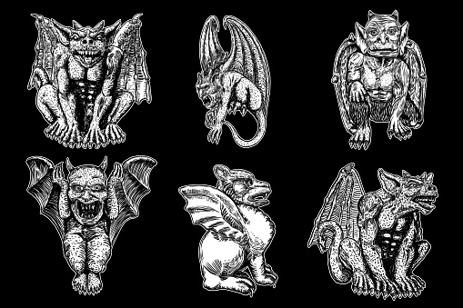 Set of mythological ancient creatures animals with bat like wings and horns. Mythical gargoyle with sharp fangs teeth and nails or claws in seating position. Engraved hand drawn sketch. Vector.