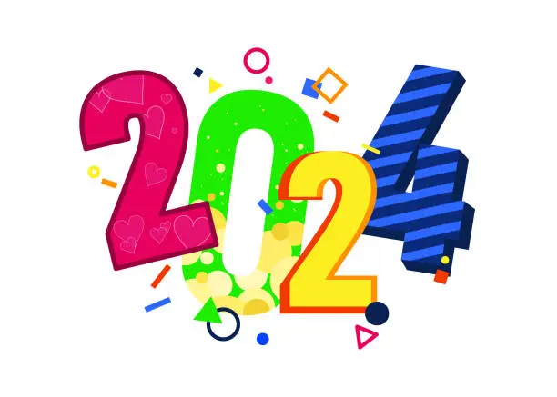 Vector illustration of 2024 numbers for New Year celebration. Bright design template concept. New Year card, congratulations on 2024. Vector illustration