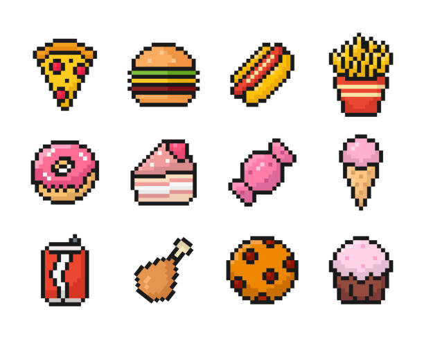 ilustrações de stock, clip art, desenhos animados e ícones de fast food pixel art set of icons, vintage, 8 bit, 80s, 90s games, computer arcade game items, cookie, ice cream, candy, vector illustration - artesanato