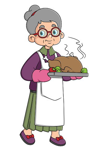 Smiling grandmother with Thanksgiving turkey of illustration