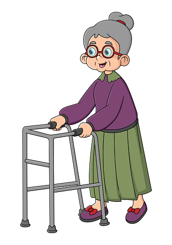 Old woman walking with zimmer frame. Clipart image isolated on white background of illustration