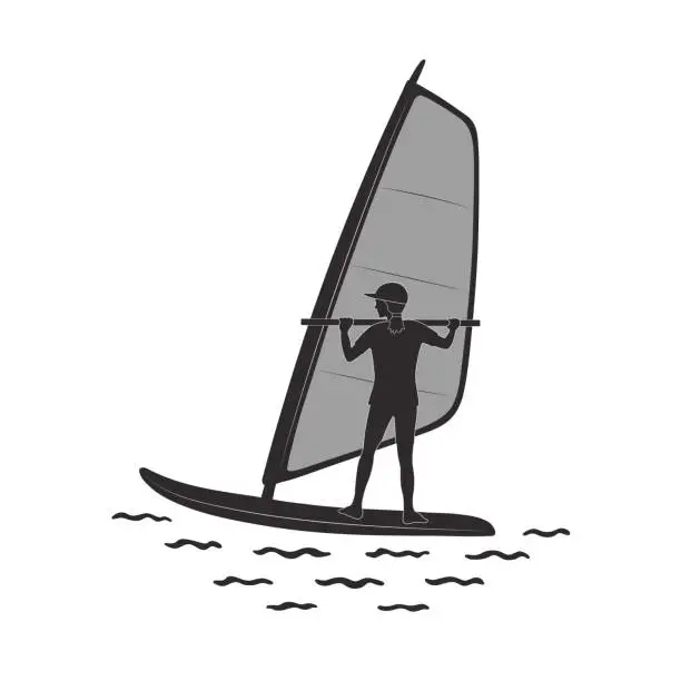 Vector illustration of Silhouette of a girl or woman in a baseball cap on a windsurfing board with a sail on the waves on a white isolated square background. A man on a plank with a sail. Sports. Vector illustration.