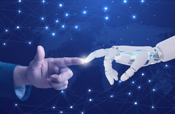 istock Businessman touching finger with the robot.Internet connection concept, Internet of Things, Artificial Intelligence, Digital Transformation, Big Data, IoT, Digital Marketing. AI. 1494851205