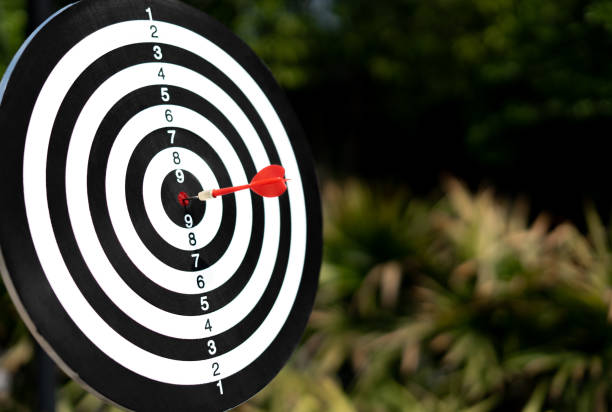 istock Red arrow hits target of dart board. Objective and target setting for business investment concept, smart goal setting. 1494851342