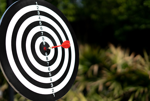 Red arrow hits target of dart board. Objective and target setting for business investment concept, smart goal setting.