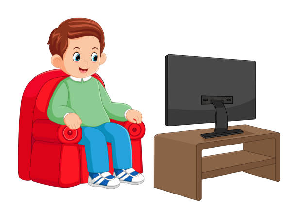 a father is relaxing on a red sofa and watching television a father is relaxing on a red sofa and watching television of illustration kids watching tv stock illustrations