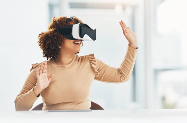istock VR, happy and woman with glasses for a connection, digital project and system. Touching, ai and smiling business employee working with an interactive, futuristic and virtual reality program online 1494851933