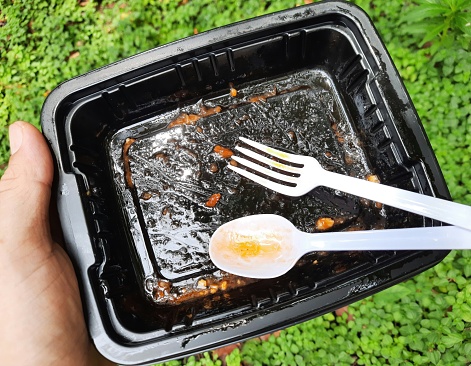 Dirty Plastic Plate and utensils after finishing eating.