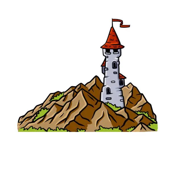 Vector illustration of Magic tower in mountains. Medieval fortress or castle. Illustration for fairy tale and book.