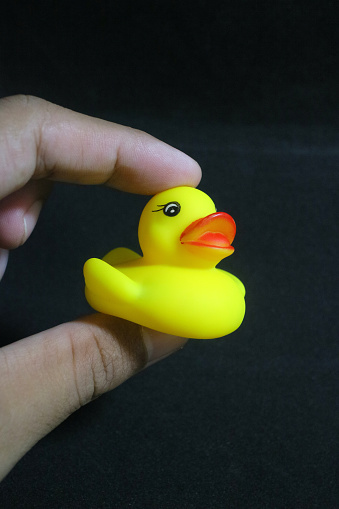 A photo of Cute little yellow toy duck with red lips