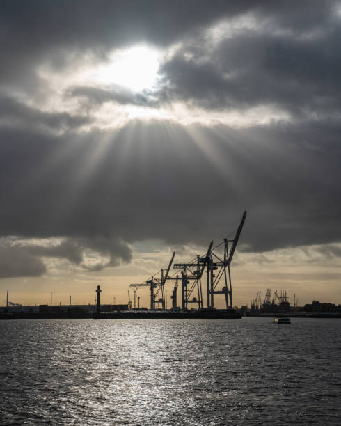 Hamburg, Germany - October 23, 2021: Port of Hamburg in morning light on October 23, 2021 in Germany