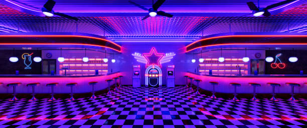 istock Retro diner interior with tile floor, jukebox, neon illumination, vintage arcade machine and bar stools. 3d illustration. 1494859426