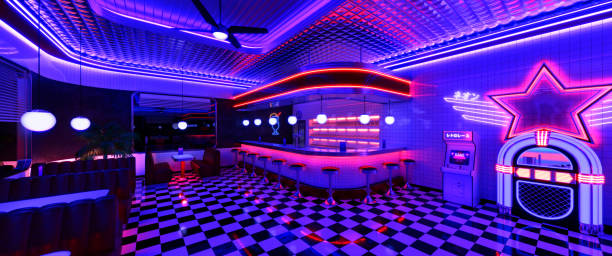 istock Retro diner interior with tile floor, jukebox, neon illumination, vintage arcade machine and bar stools. 3d illustration. 1494859464