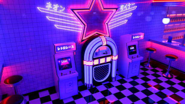 istock Retro neon glowing arcade machines with a jukebox in a diner. 3D render illustration. 1494859476