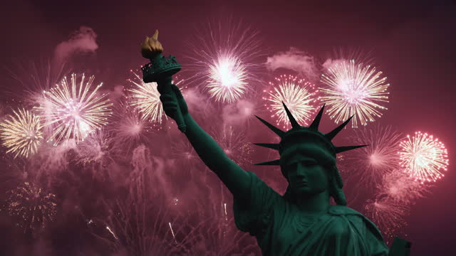 Footage of The Statue of Liberty with fireworks behind,4th of July fireworks Background