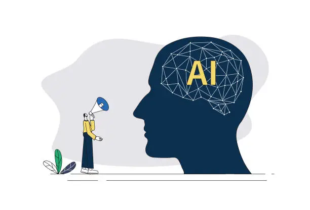 Vector illustration of Man talks to artificial intelligence.