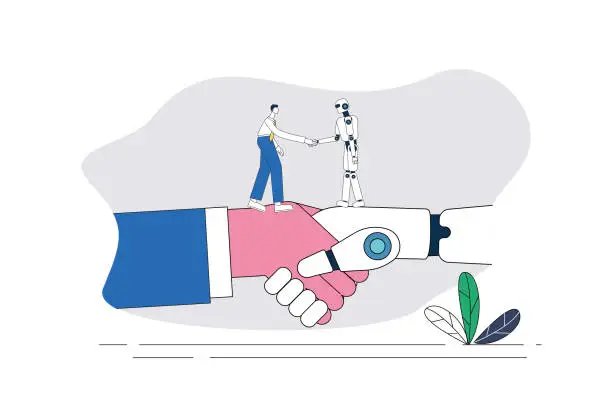 Vector illustration of Man and robot handshake cooperation.