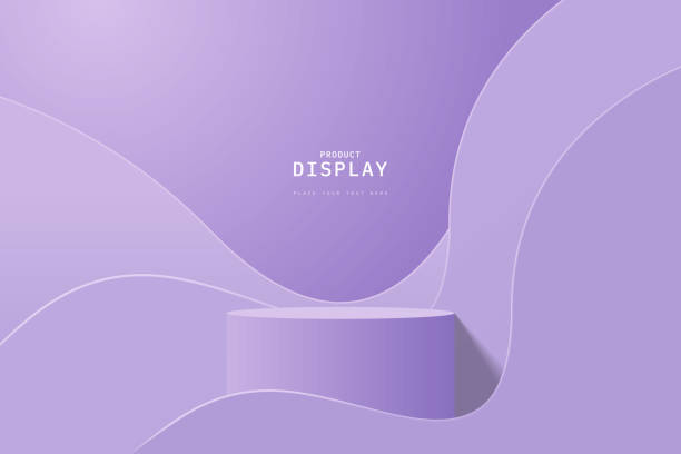 istock Minimal wall scene for product display. Purple 3d cylinder podium pedestal realistic with geometric curve shape. stage for showcase. design for promoting product. 3d vector geometric platform design. 1494860792
