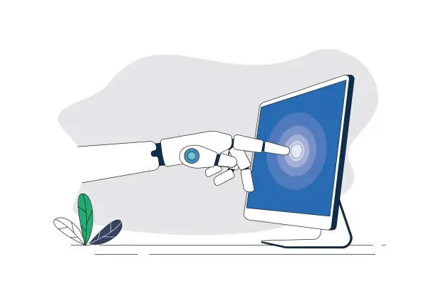 Vector illustration of Robotic hand clicking on desktop computer screen.