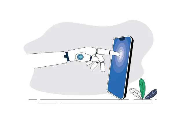 Vector illustration of Robotic hand touch mobile phone.