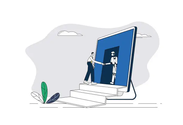 Vector illustration of Business man shaking hands with robot walking out of computer screen.