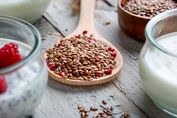 Mixture of seeds, raspberries and yoghurt - linseed, hemp, chia, psyllium