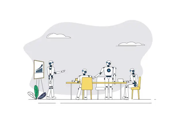 Vector illustration of A group of robots meet to discuss work.