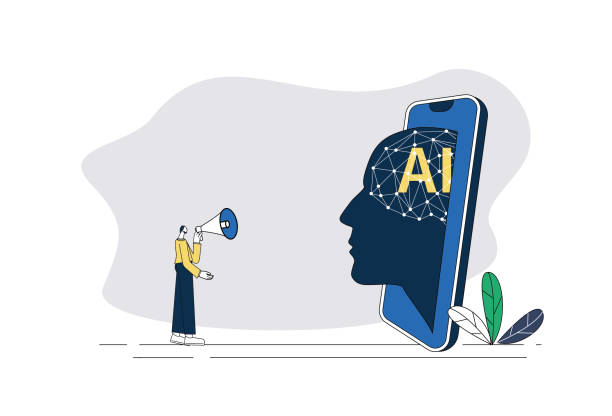 ilustrações, clipart, desenhos animados e ícones de homem conversando com inteligência artificial móvel usando um alto-falante. - announcement message robot public speaker message