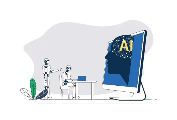 Vector illustration of Robots and AI discuss work.