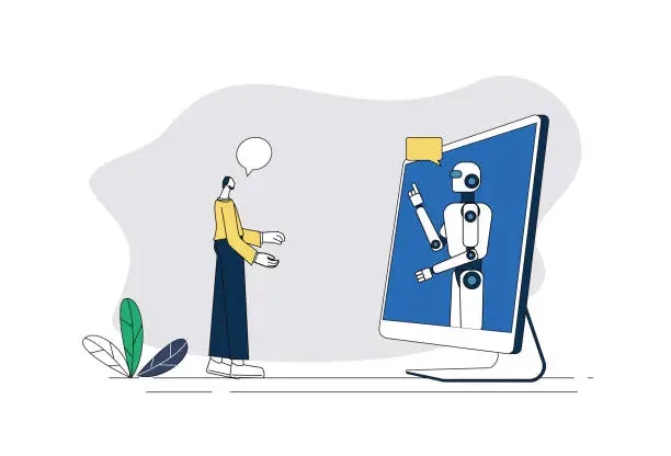 Vector illustration of Robot talking to man, computer.