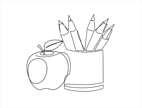 continuous drawing, pencils and apple