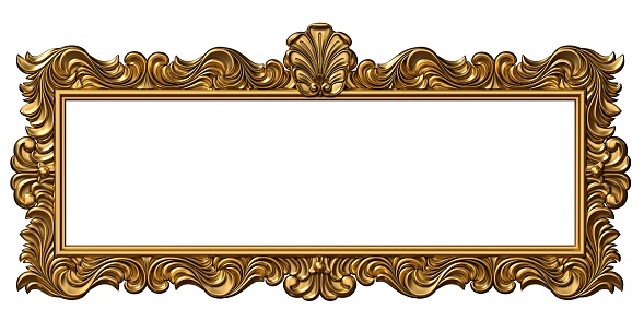 3d illustration. Classic gold frame in the Baroque style. Cover or postcard. Black marble. Background