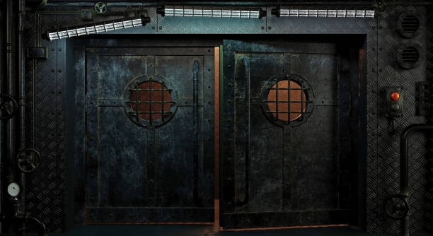 istock Ship cyberpunk doors made of old metal panels 1494869267