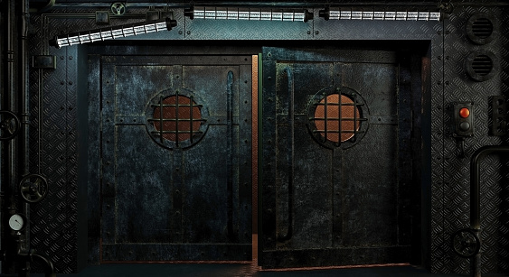 3d illustration. Ship cyberpunk doors made of old metal panels
