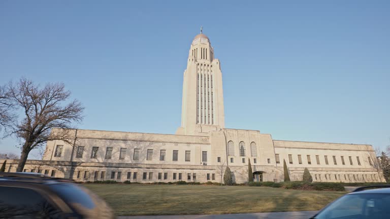 Aerial of capitol tower building in Lincoln, NE